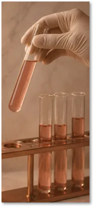 A gloved hand lifting a specimen vial from a laboratory rack
