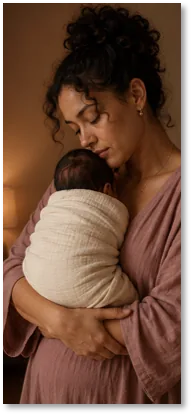 A woman holding a swaddled newborn against her chest