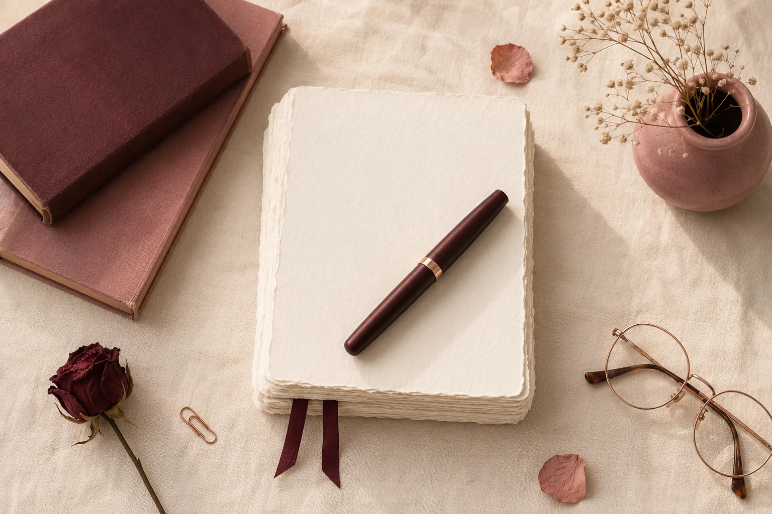 A stack of blank writing paper with a burgundy fountain pen, clothbound volumes and dried flowers on cream linen