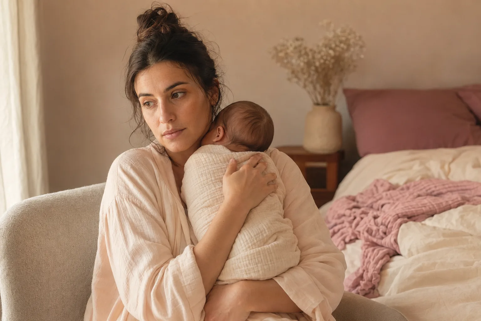 A mother in a pale linen robe holding her swaddled newborn against her shoulder in a softly lit bedroom, looking away from the camera